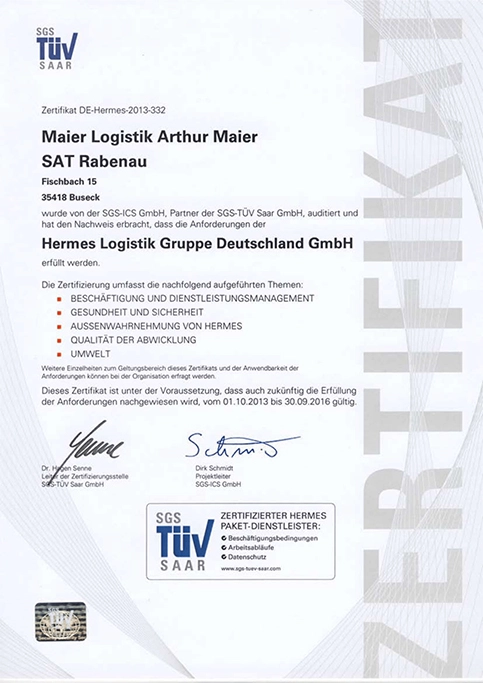 Maier-Logisik-Transport-Reiskirchen-Zertifikat-Hermes-Logistik