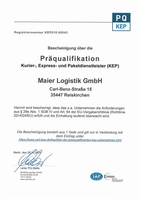 Maier-Logisik-Transport-Reiskirchen-Zertifikat-Präqualifikation